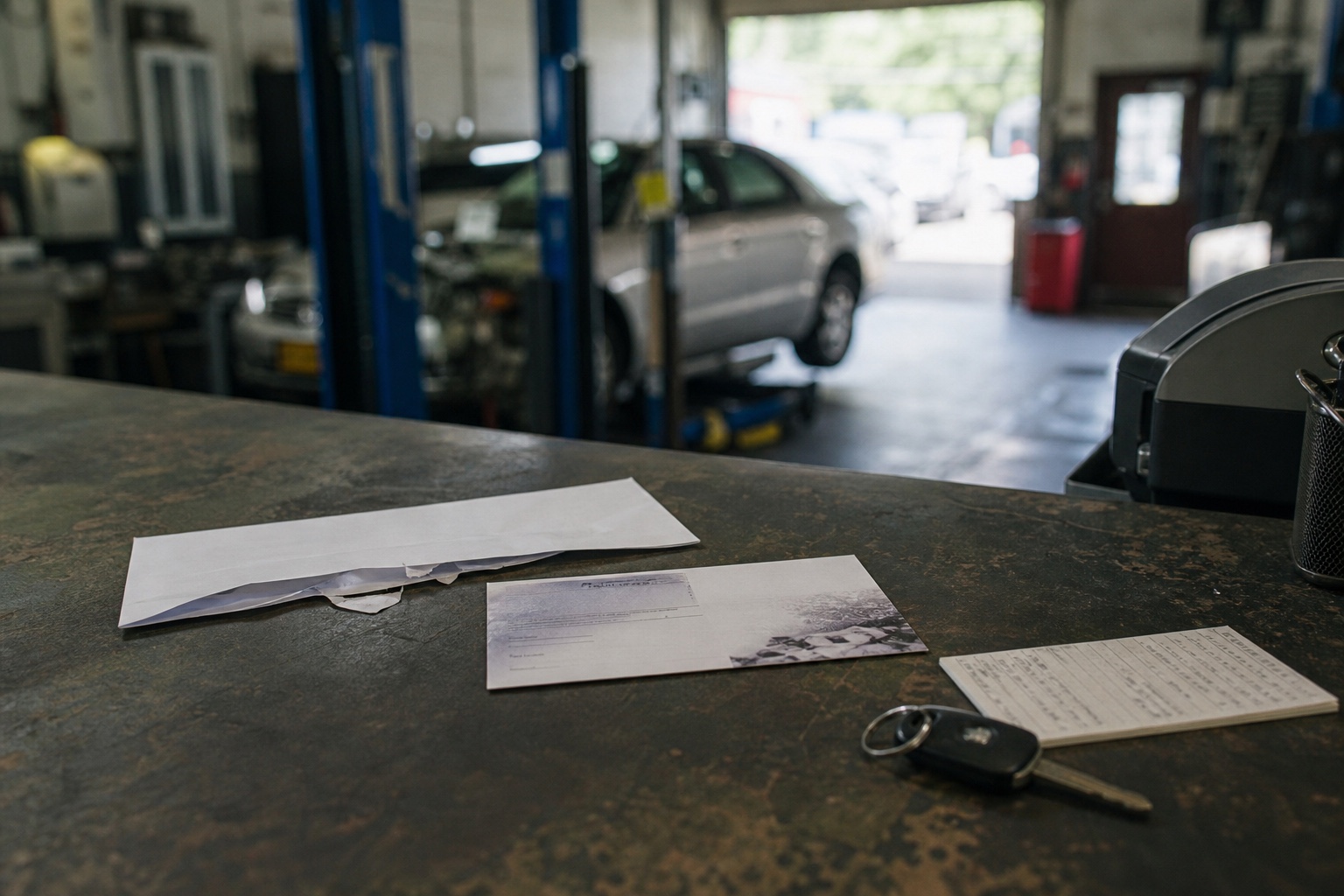 Illustrated postcard campaign directing cars to an auto repair shop