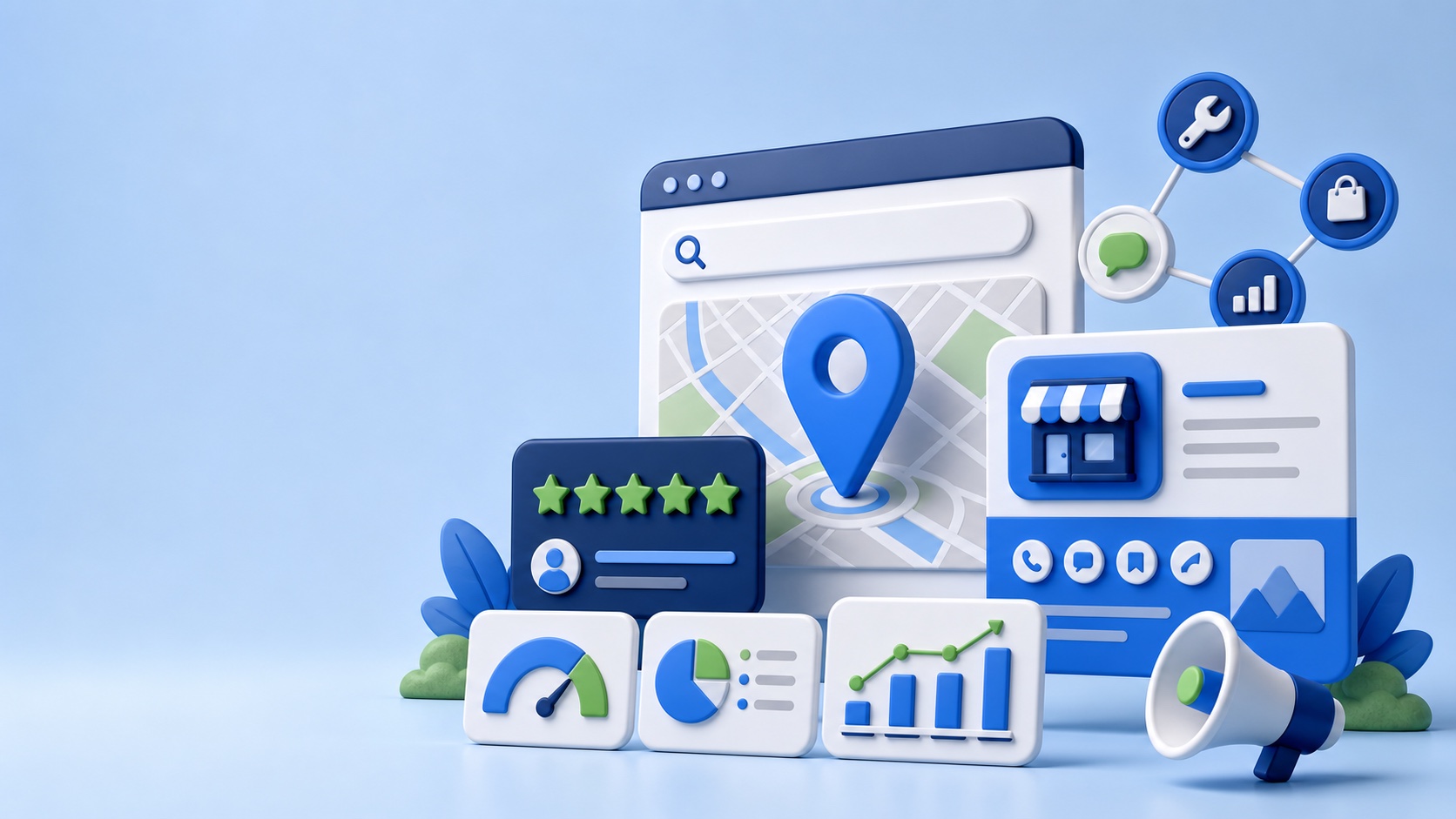 Stylized local visibility dashboard representing digital marketing for auto repair shops