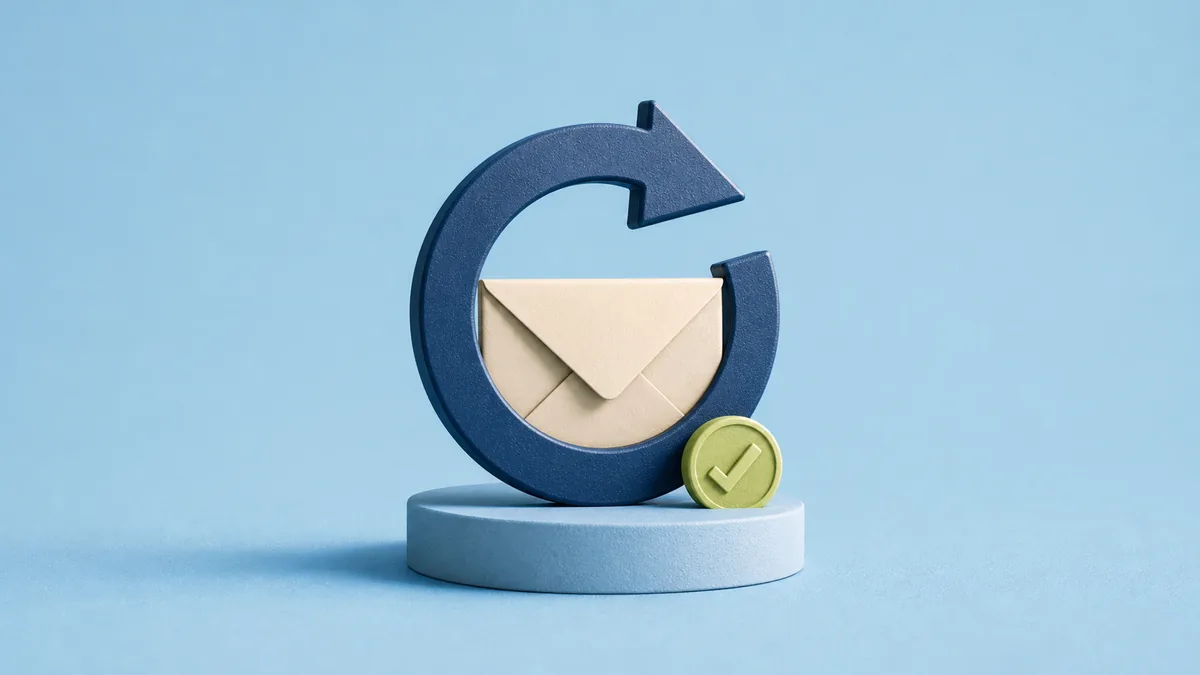 Tactile return-arrow and envelope sculpture representing retention marketing