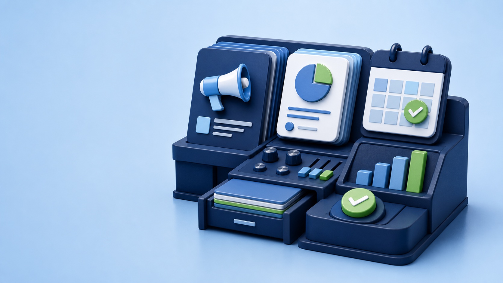 Stylized marketing command center representing Turnkey's VIP Marketing Manager service
